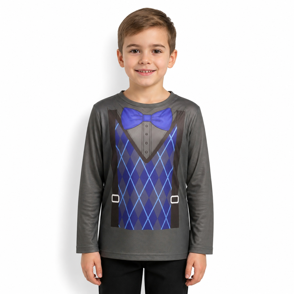 Kids’ Grandpa Costume Shirt – Grey Printed Cardigan Look white background product image